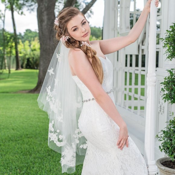 Beaded ivory lace trim fingertip wedding veil main image 5
